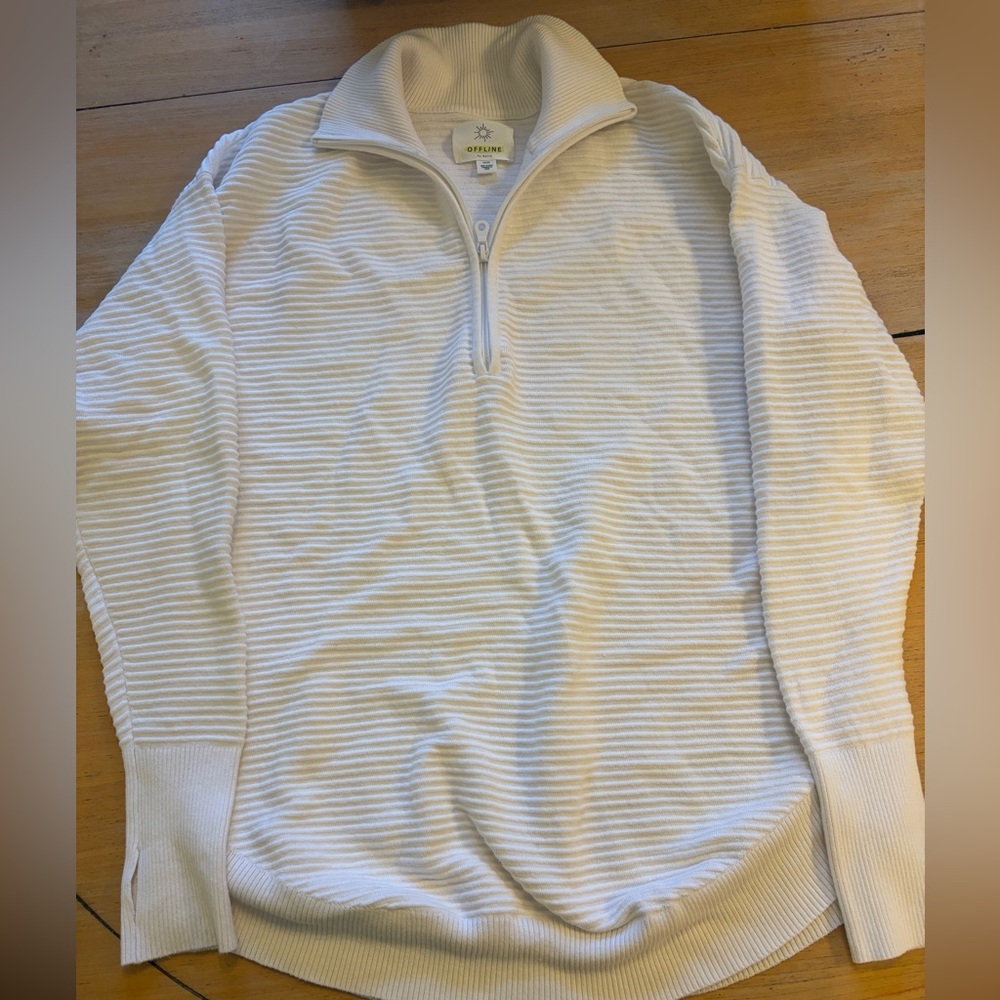 Aerie Women’s oversized white Zip-Up Sweater with ribbed detail size small